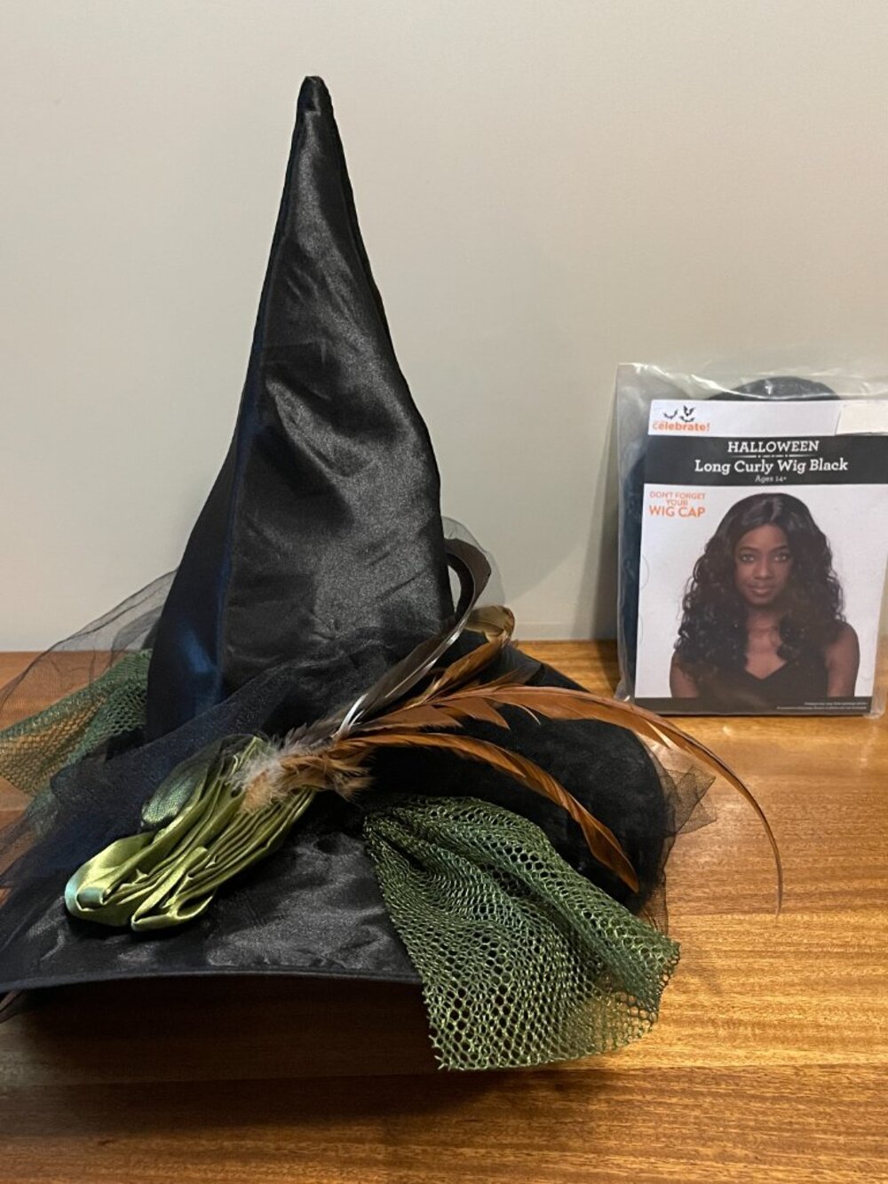 Fancy feather & rose black witch hat, NIB long curly black wig Halloween costume
